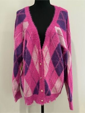 New Umgee XL Fuzzy Argyle V-Neck Cardigan Sweater - Pink & Purple 342